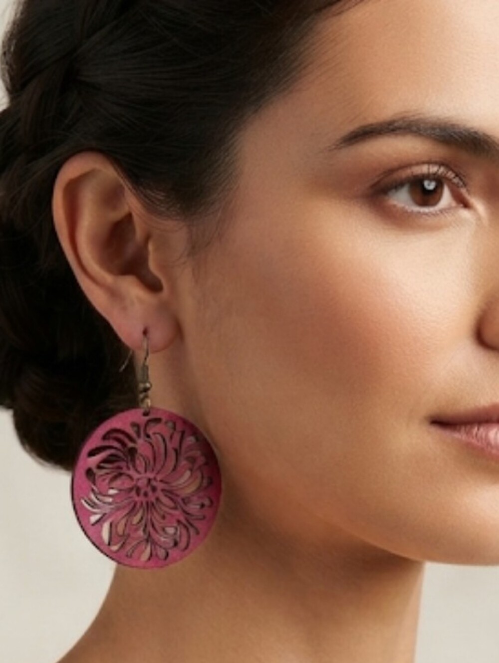 Laser Cut Wood Raindrop Lightweight Circle Dangle Earrings Brick Red Color